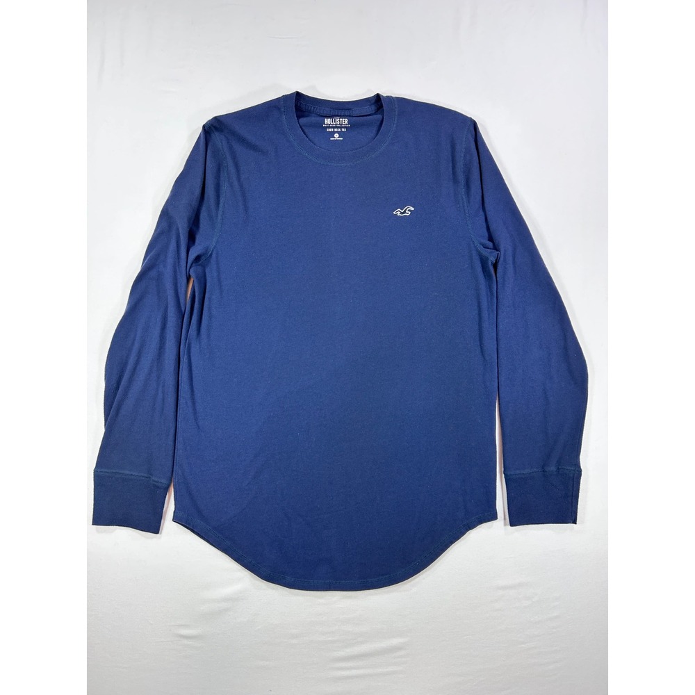 Hollister Mens Long Sleeve Crew Neck Tee Navy Blue Curved Hem Size M